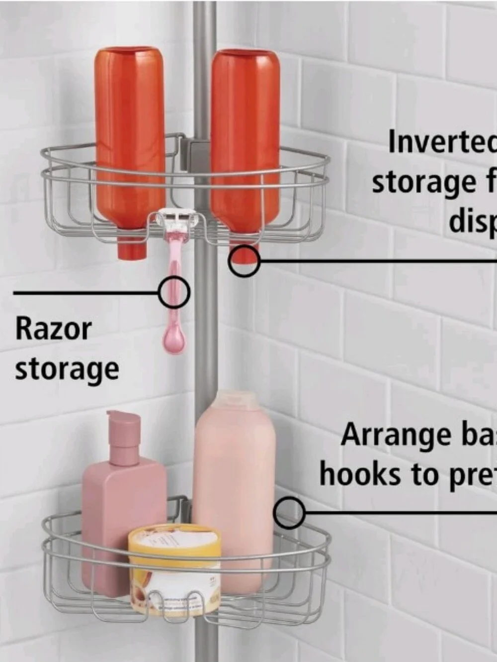>  Mainstays Satin Nickel Shower Caddy Tension Rod with Silver Finish